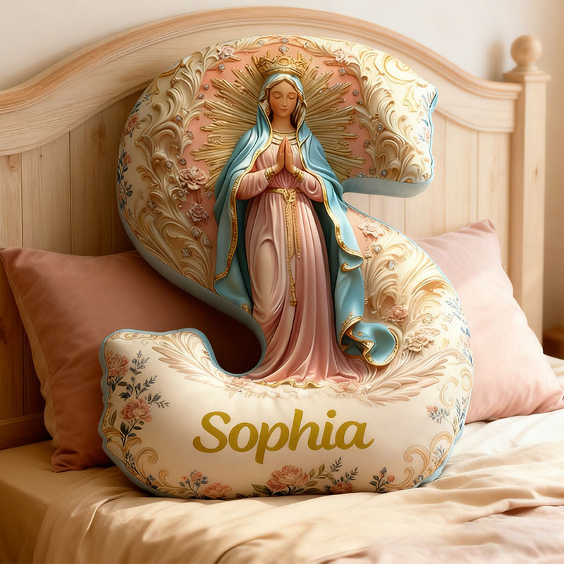Personalized Golden Grace Virgin Mary Letter Pillow Graphic 3D Print Pillow with Name Home Decor Religious Gift Catholic Gift for Women