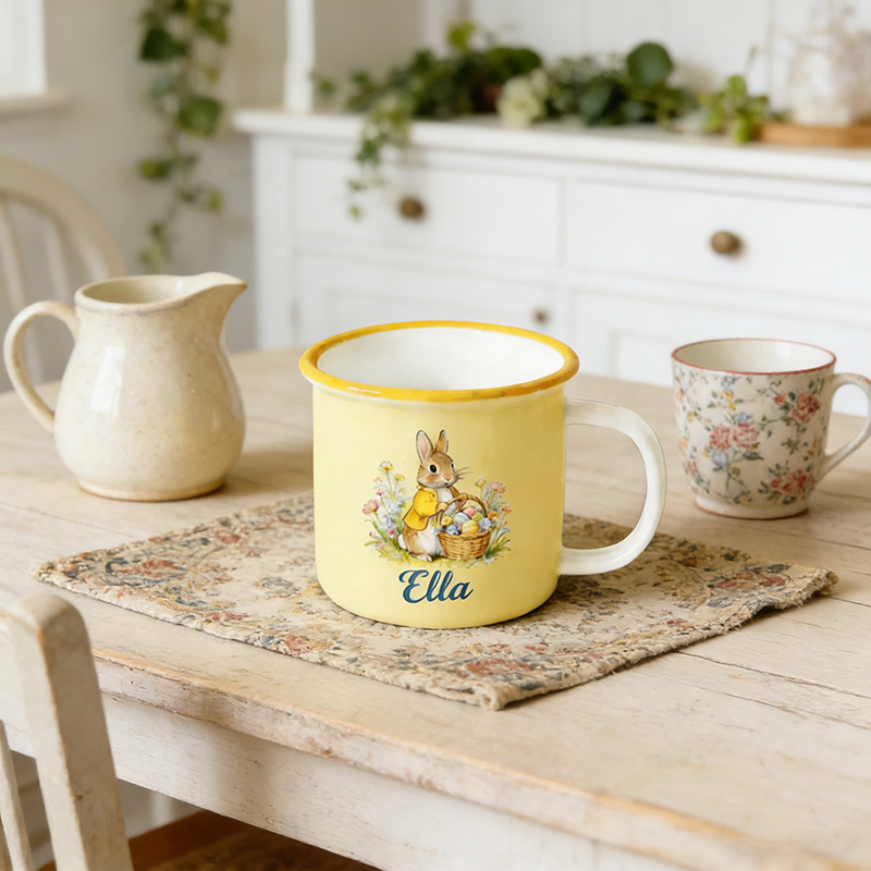 Personalized Cute Garden Easter Rabbit Bunny Enamel Mug with Name Back to School Birthday Easter Gift for Kids