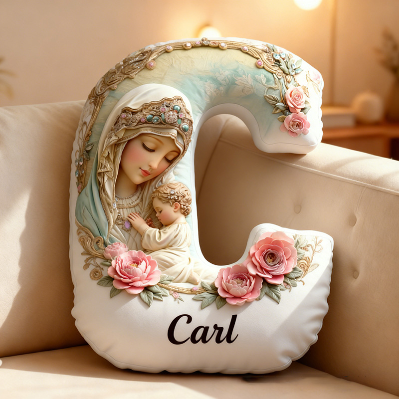 Personalized Virgin Mary Baby Jesus Letter Pillow Graphic 3D Print Pillow with Name Home Decor Religious Gift Catholic Faith Gift for Her