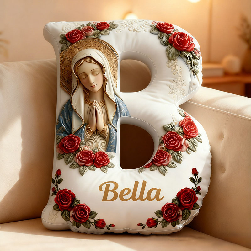 Personalized Our Lady Virgin Mary Letter Pillow with Custom Name Religious Home Decor Catholic Prayer Gift for Her Rose Graphic 3D Print Pillow