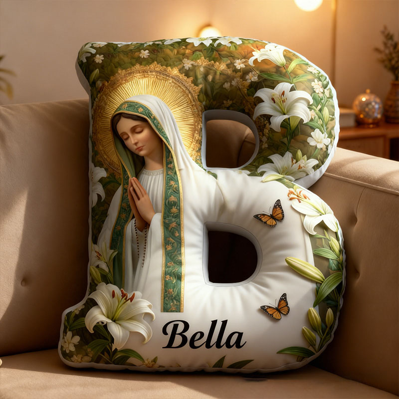 Personalized Virgin Mary White Lilies Letter Pillow with Custom Name Religious Home Decor Catholic Gift for Her Graphic 3D Print Pillow