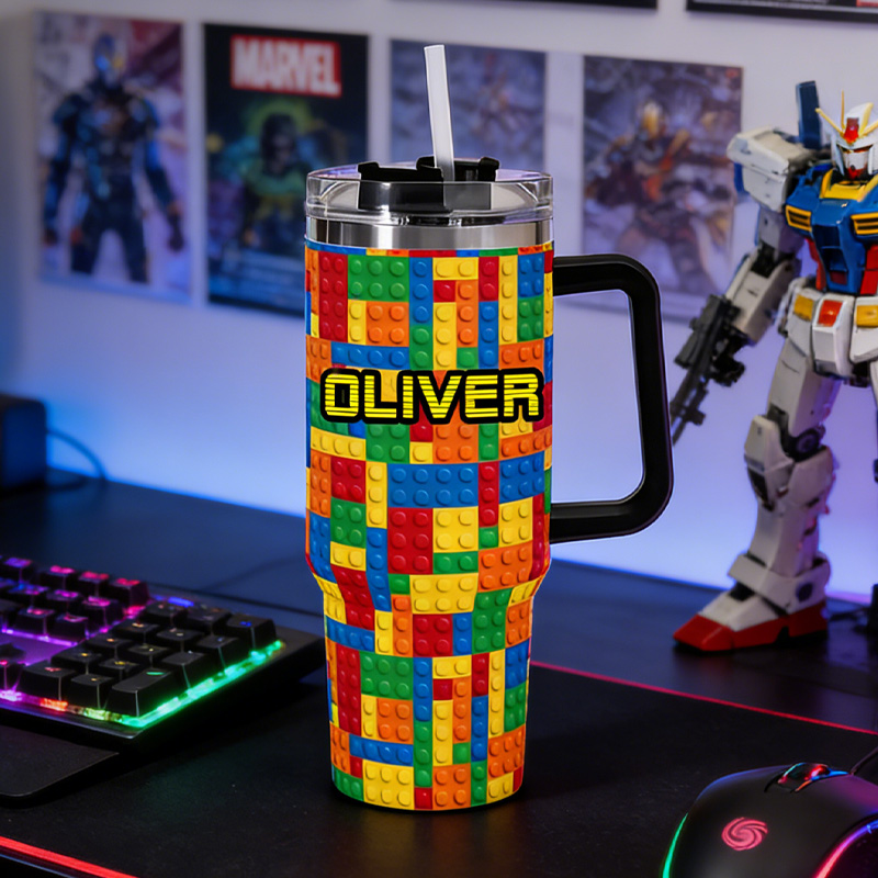 Personalized Building Block Pattern Tumbler Stainless Steel Travel Mug Gift for Geek Lover