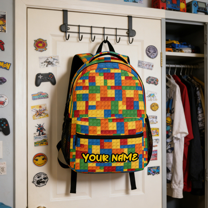Personalized Building Blocks Backpack with Custom Name Kids School Bag for Geek Lover