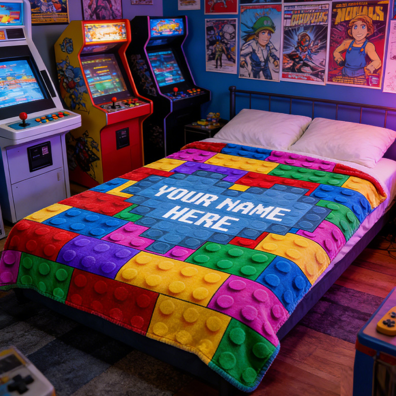 Personalized Creative Colorful Building Block Throw Blanket with Name Home Decor Birthday Gift for Geek Lover