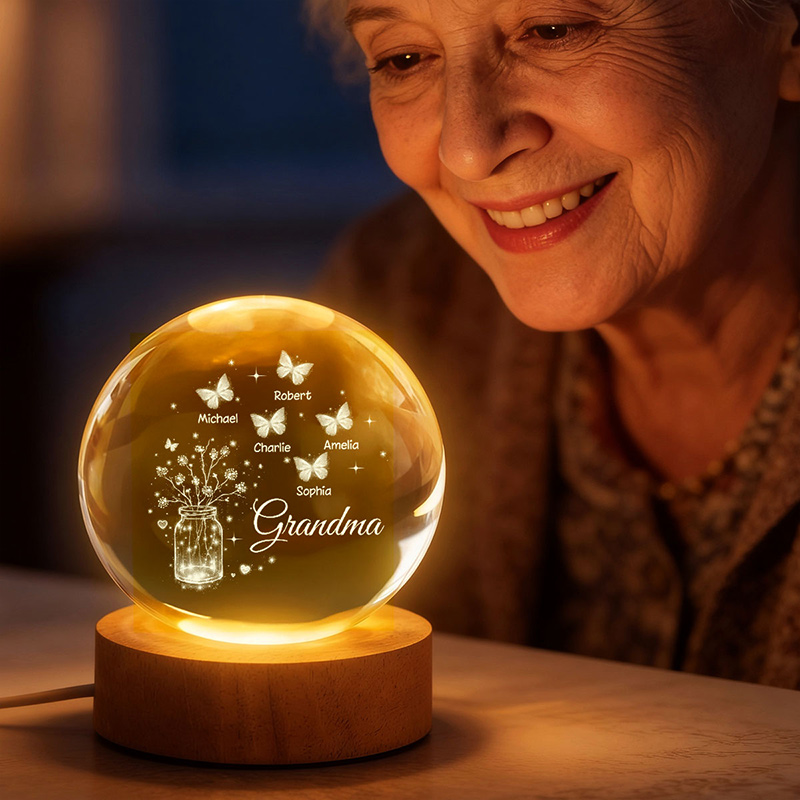 Personalized Grandma Butterfly Flower Jar Crystal Ball LED Night Light Birthday Mother's Day Gift for Grandma