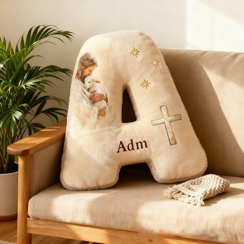 Personalized Jesus Lamb Letter Pillow with Custom Name Religious Home Decor Christian Gift Faith Prayer Gift Graphic 3D Print Pillow 
