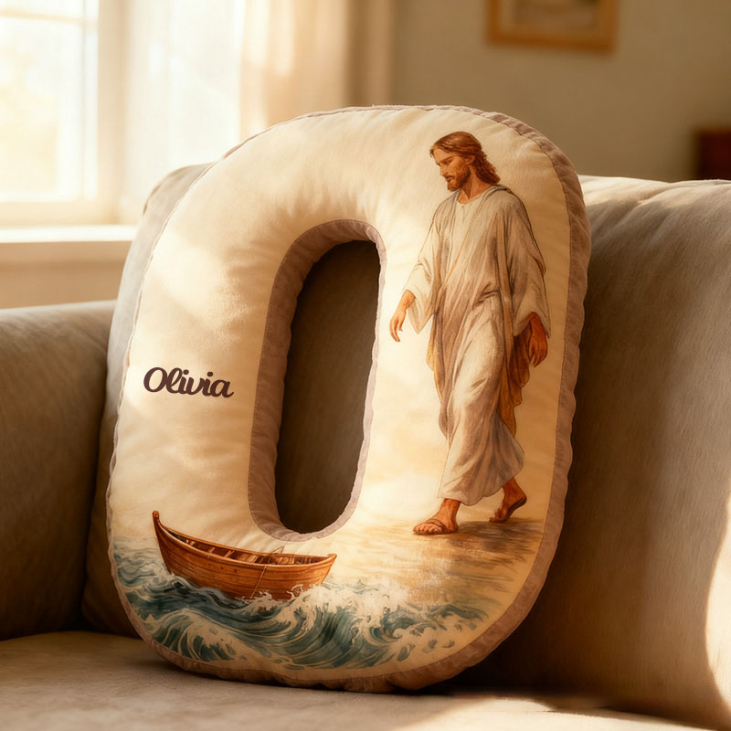 Personalized Jesus Walks on Water Letter Pillow with Custom Name Religious Home Decor Christian Gift Faith Prayer Gift Graphic 3D Print Pillow 