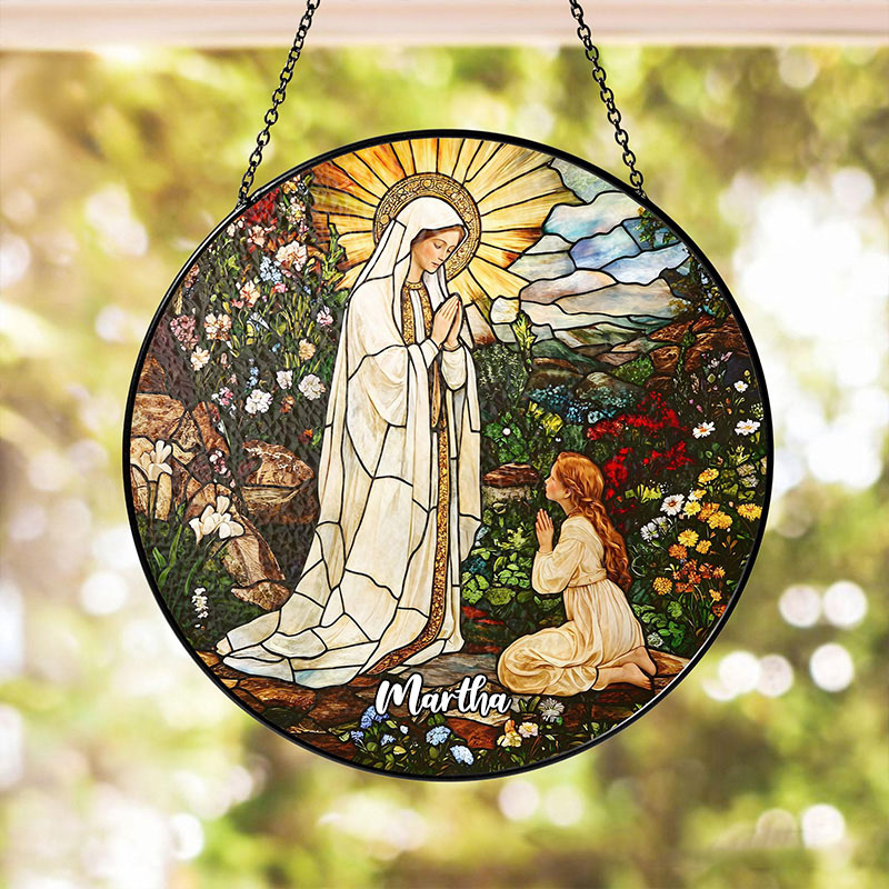 Personalized Our Lady of Lourdes Stained Glass Suncatcher Ornament with Name Window Hanging Decor Virgin Mary Art Religious Gift Catholic Gift
