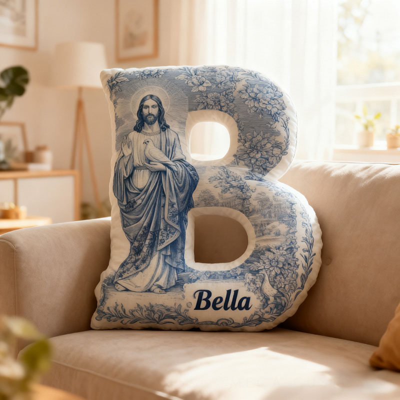 Personalized Jesus Floral Letter Pillow with Custom Name Religious Home Decor Christian Gift Faith Prayer Gift Graphic 3D Print Pillow 