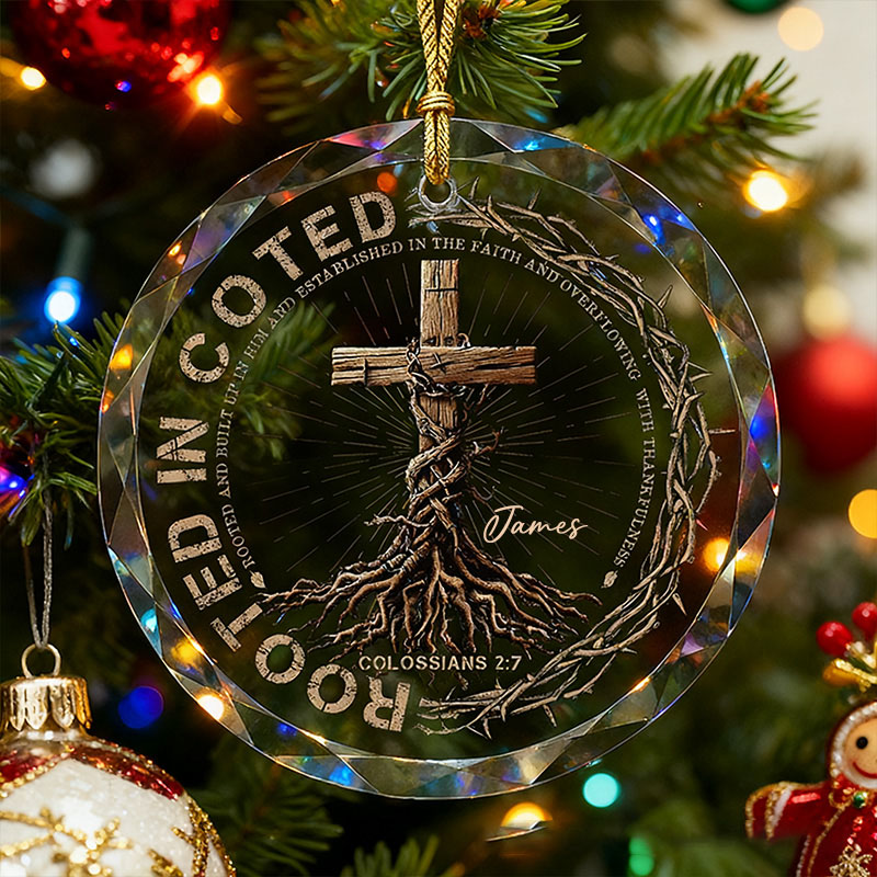 Personalized Rooted in Christ Round Shaped Glass Ornament with Custom Name Regilious Christmas Tree Decor Christian Gift