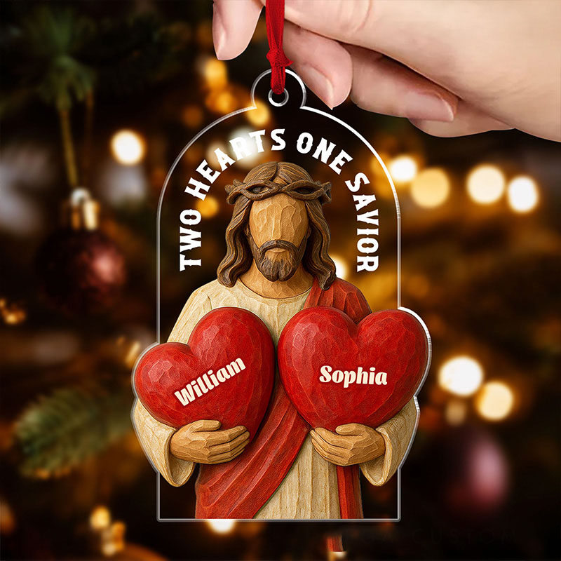 Personalized Two Hearts One Savior Acrylic Christmas Ornament with Custom Name Religious Gift Christmas Tree Decor Christian Gift for Couple