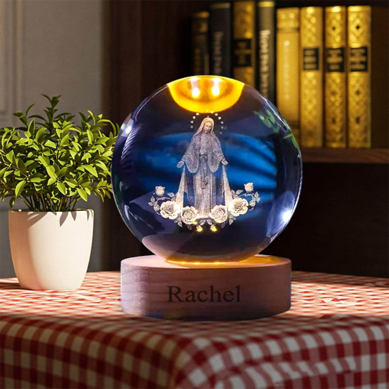 Personalized Virgin Mary 3D Spherical Crystal Lamp With Custom Text Religious Gift Catholic Gift for Women Girls 