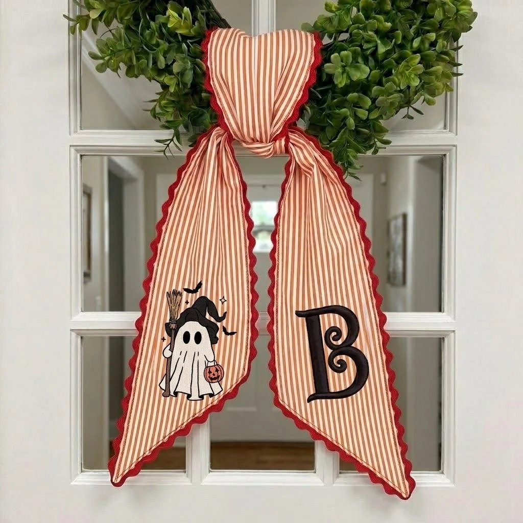 Personalized Halloween Wreath Sash Bow, Monogram Initial Ghost Witch Wreath Ribbon, Wreath Tail, Front Door Fall Halloween Decor