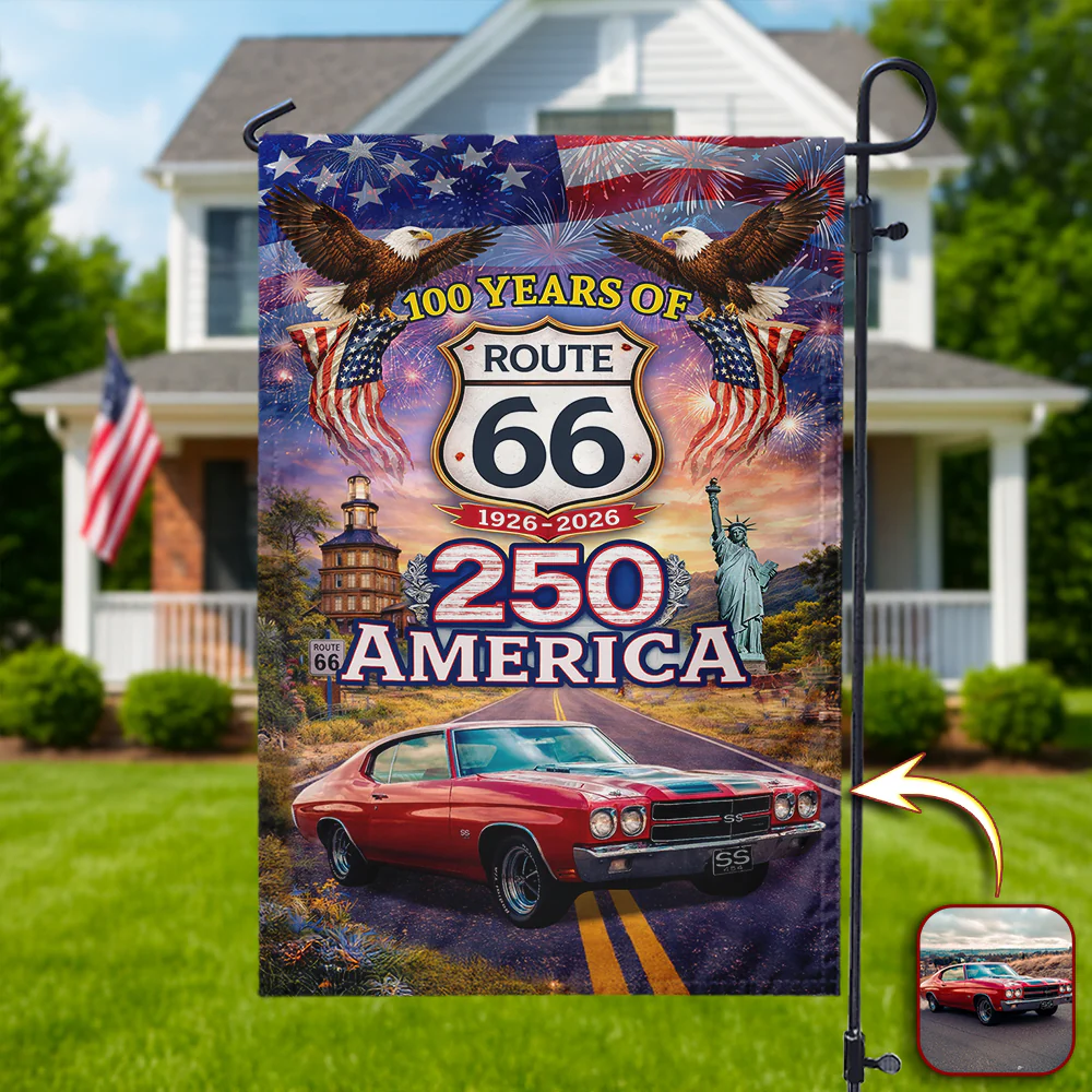 Personalized 100 Years Of Route 66 Garden Flag 250 America Classic Car Patriotic Flag Yard Banner For Outdoor Decor