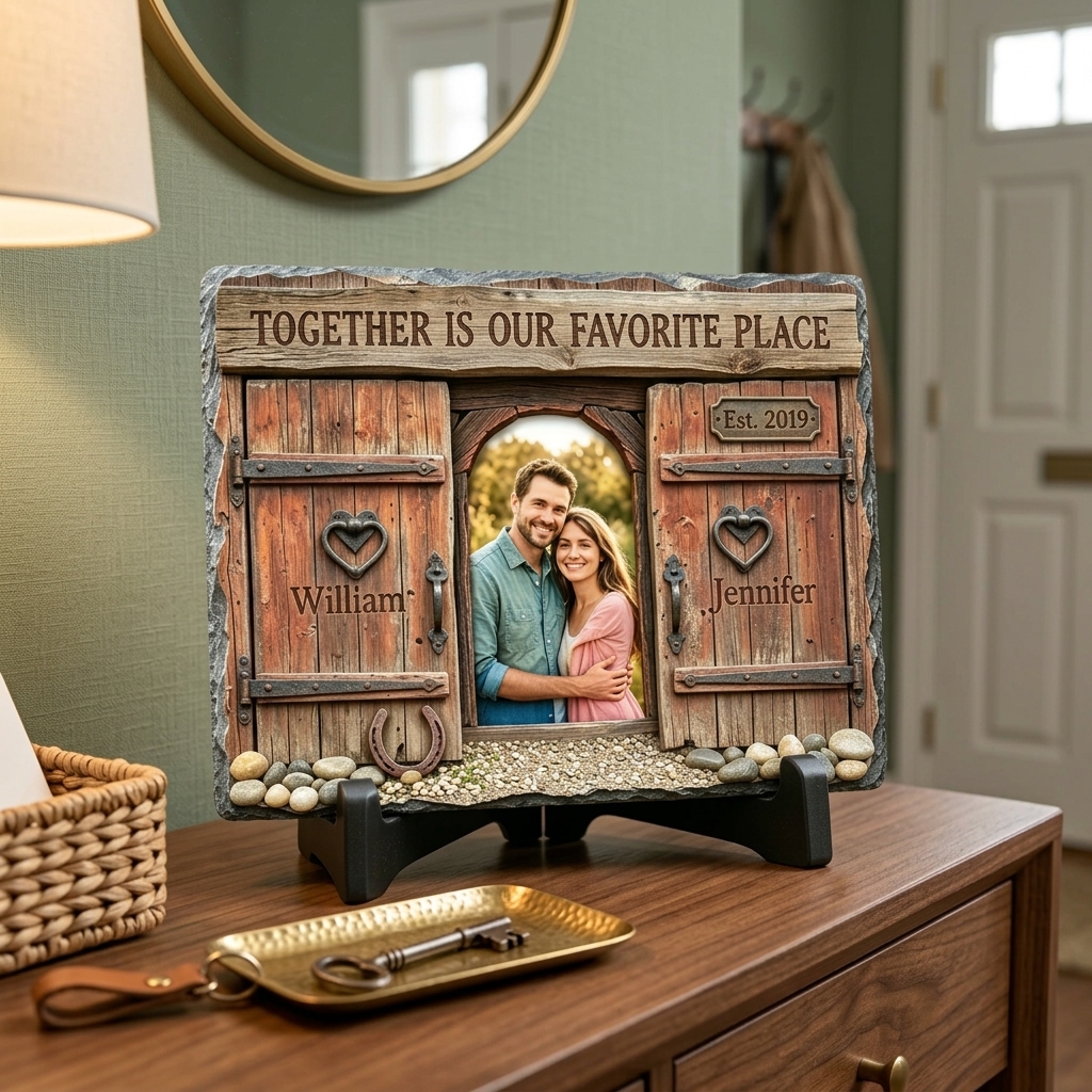 Personalized Retro Couple Photo Rectangle Shaped Stone with Stand Together is Our Favorite Place Stone Anniversary Gift Couple Home Keepsake Gift