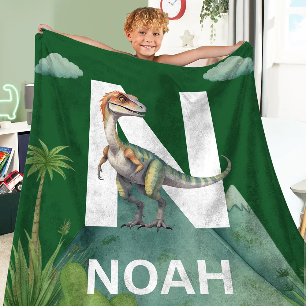 Personalized Cute Dinosaur Soft Throw Blanket with Initial Name Birthday Home Decor Gift for Kids