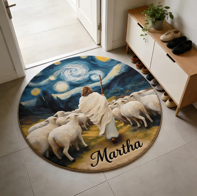 Personalize Jesus Shepherd Rug with Custom Name Home Decor Religious Rug for Prayer Spaces Faith Based Gift Religious Christian Gift