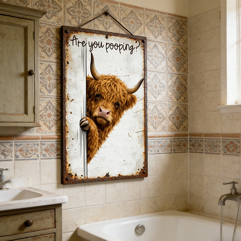 Are You Pooping Highland Cow Sign, Funny Peeking Bathroom Decor, Rustic Farmhouse Humor