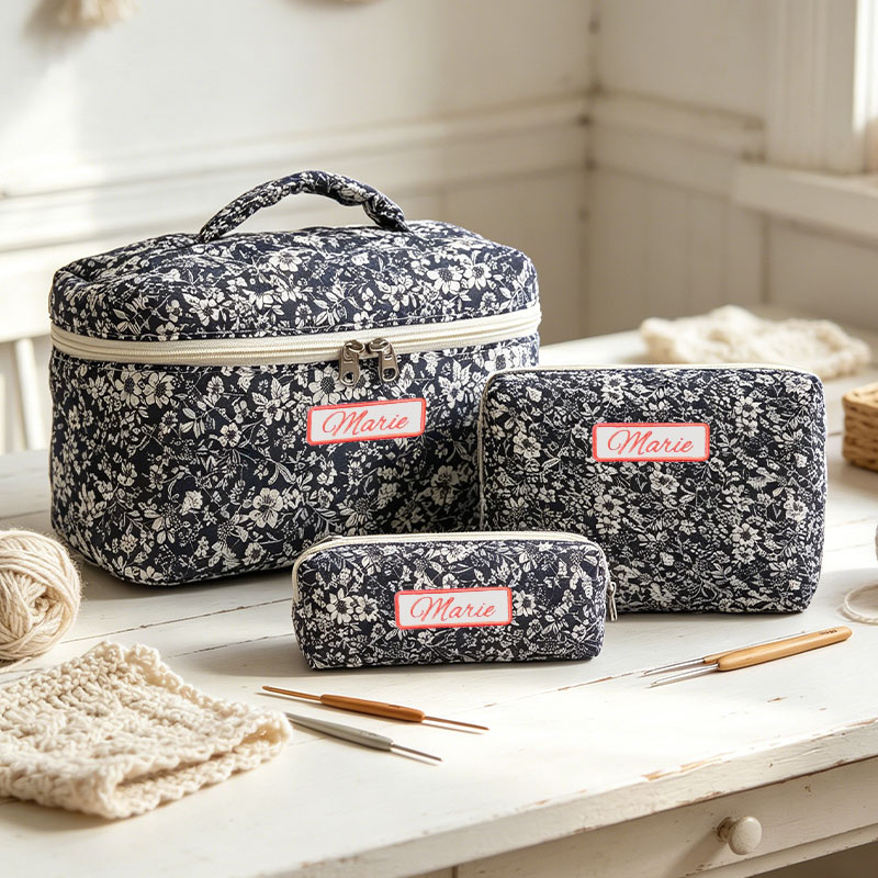 Personalized Embroidered Name Cotton Quilted Crochet Tool Storage Bag Large Small  Floral Crochet Tool Storage Bag Set Cute Coquette Pouch for Purse Aesthetic Cloth Flower Storage Bag Organizer