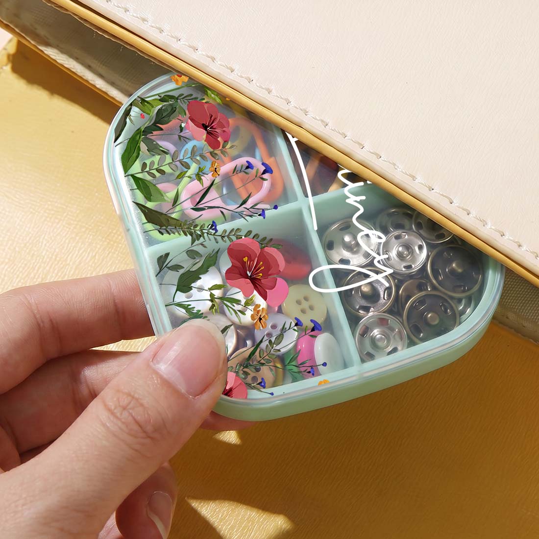 Personalized Knitting Crochet Notions Case Mini Storage Box 4 Compartments Multi Section Stitch Markers Point Protectors Tools Travel Compartments Case Custom Name with Birth Flower Crochet Tool Organizer