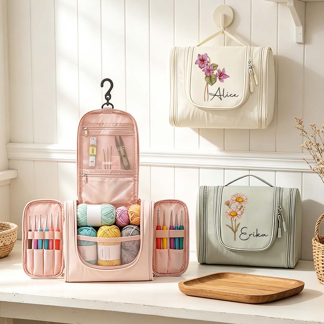 Personalized Crochet Storage Bag Water Resistant Crochet Storage Bag with Hanging Hook Custom Name with Birth Flower Crochet Tool Storage Bag Portable Crochet Tool Storage Bag Large Capacity Multiple Pockets Organizer Bag