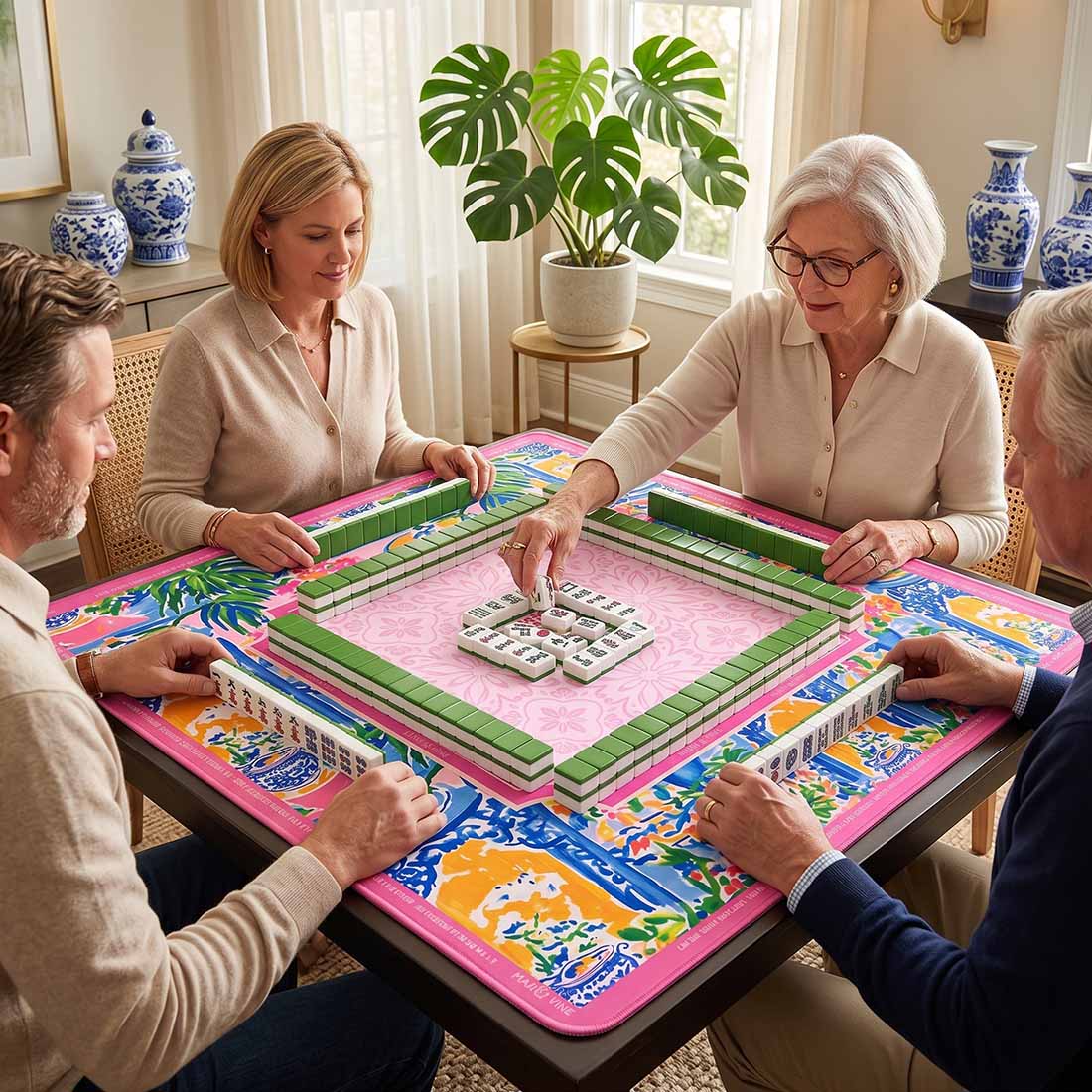 Mahjong Mat Chinoiserie Porcelain Bloom Neoprene Instructional Table Mat