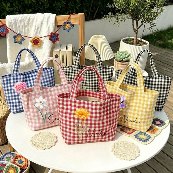 Personalized Crochet Tool Storage Tote Bag Gingham Tote Bag Custom Name with Birth MonthCanvas Tote Reusable Shopping Bag