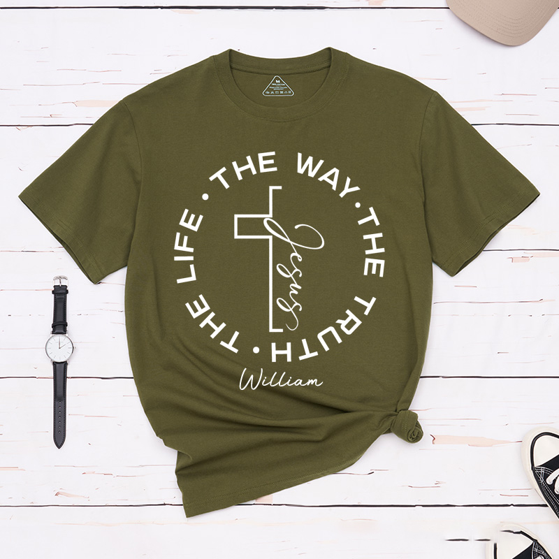 Personalized Jesus the Way the Truth the Life Classic T-Shirt with Custom Name Christian Cross Shirt Bible Verse Tee Religious Gift for Men