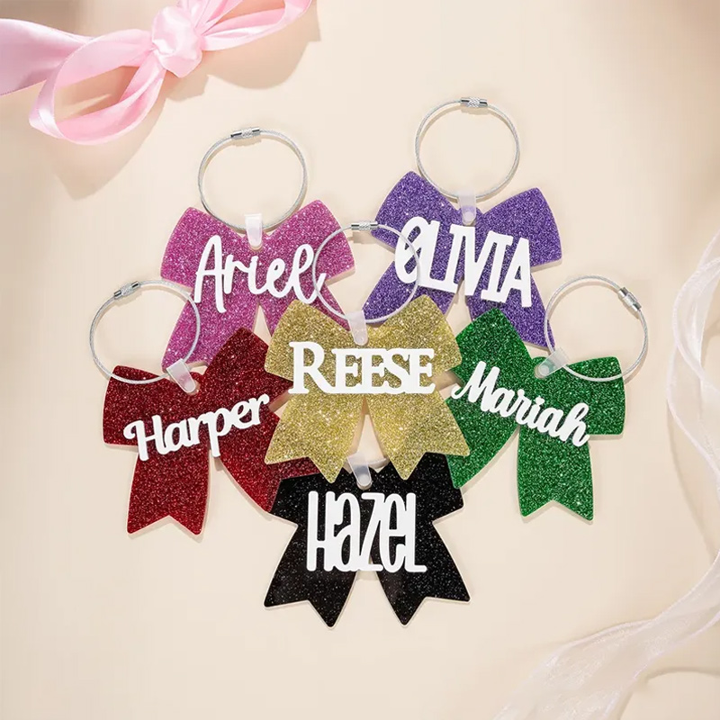 Personalized Cheerleading Glitter Bow Keychains with Custom Name Design