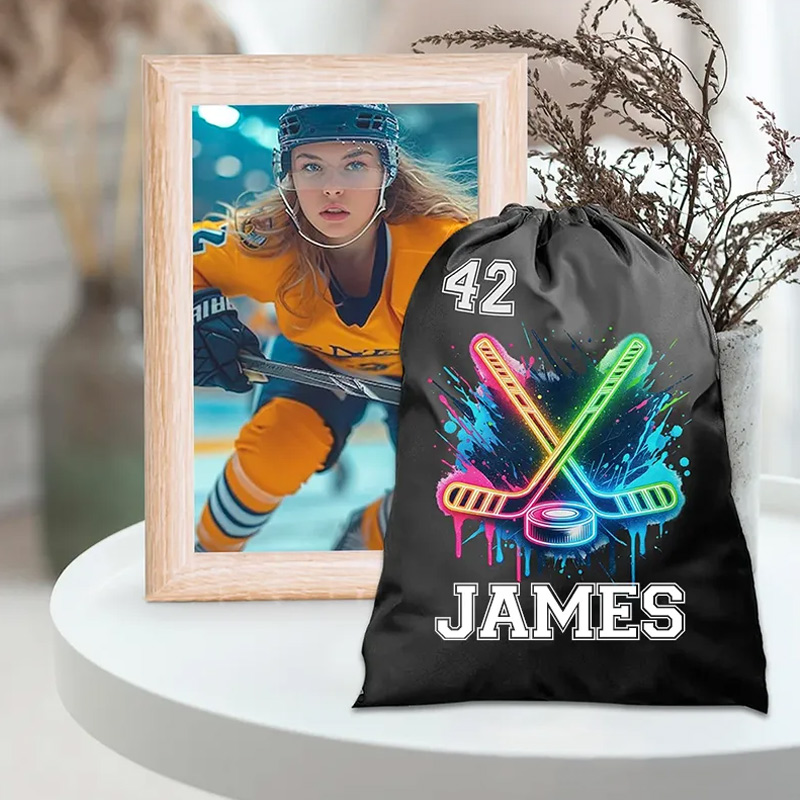 Personalized Ice Hockey Drawstring Bag Custom Name and Number with Neon Stick Design