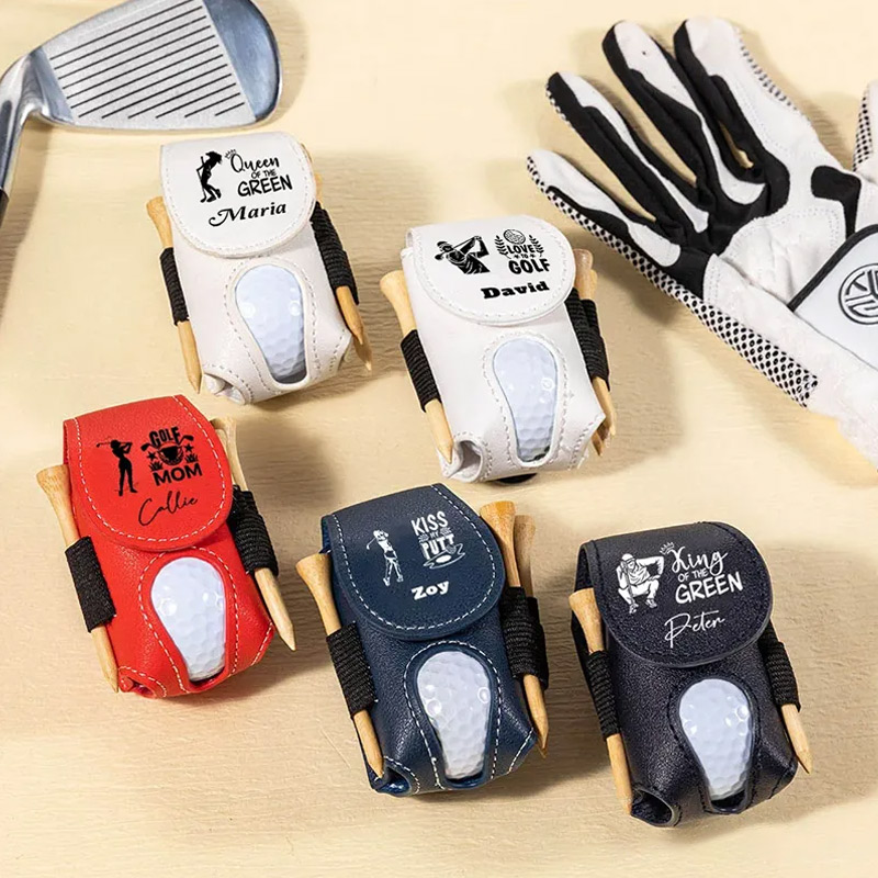 Personalized Leather Golf Ball Pouch with Custom Name and Fun Golf Themed Designs