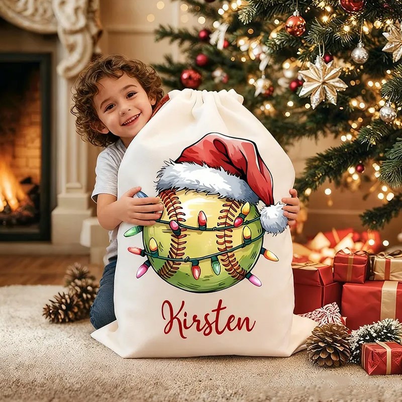 Personalized Sports Christmas Sack with Festive Lights and Custom Name