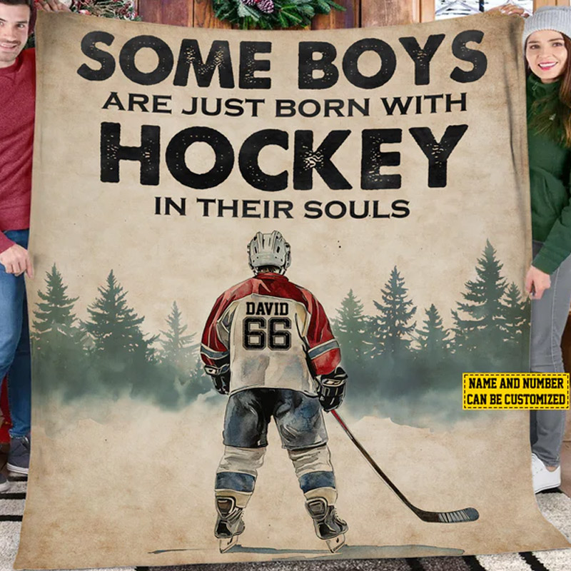 Personalized "Born with Hockey in Their Souls" Throw Blanket with Custom Name and Number 