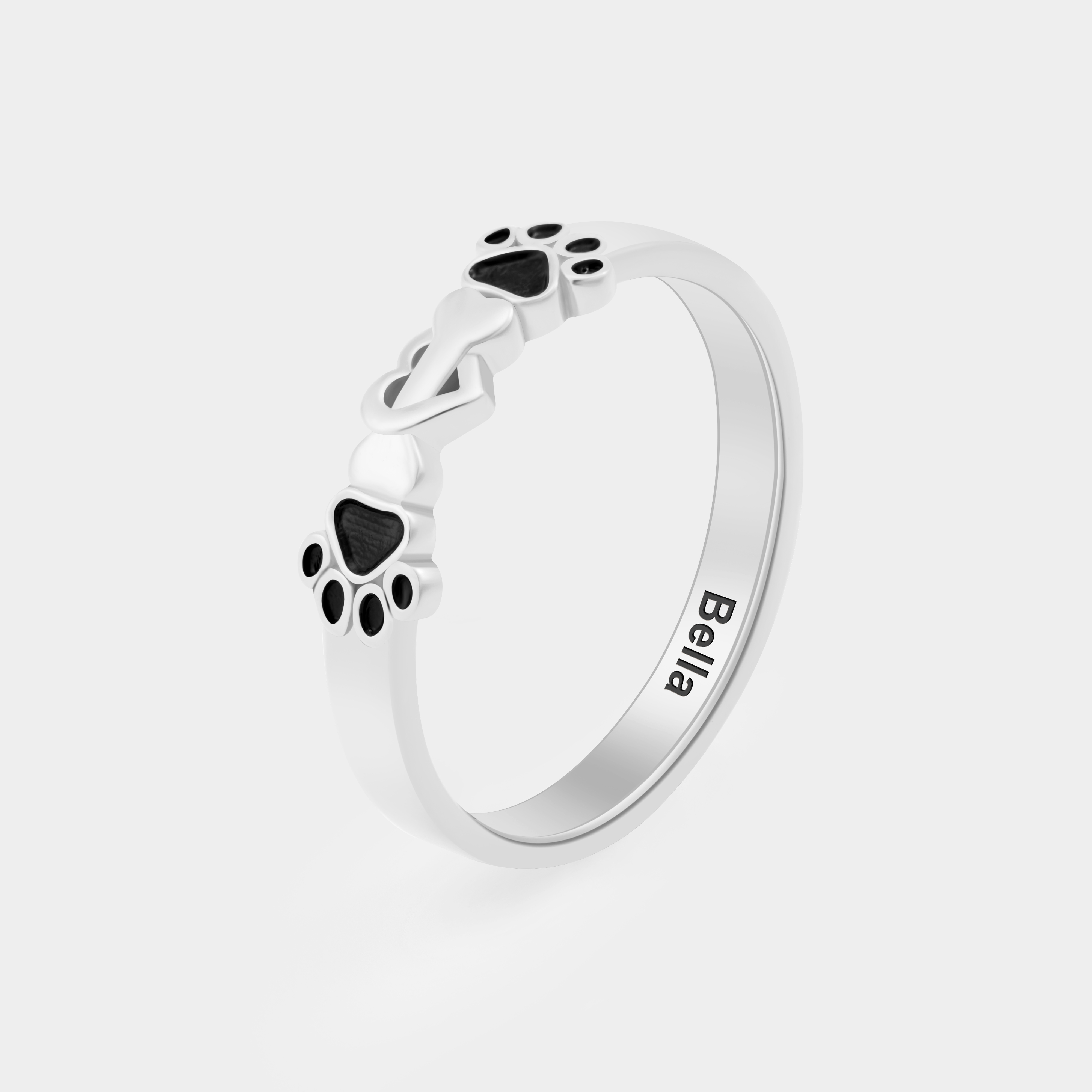 Personalized Bone and Heart with Dog Paw Ring Personalized Pet Lover's Jewelry in Sterling Silver
