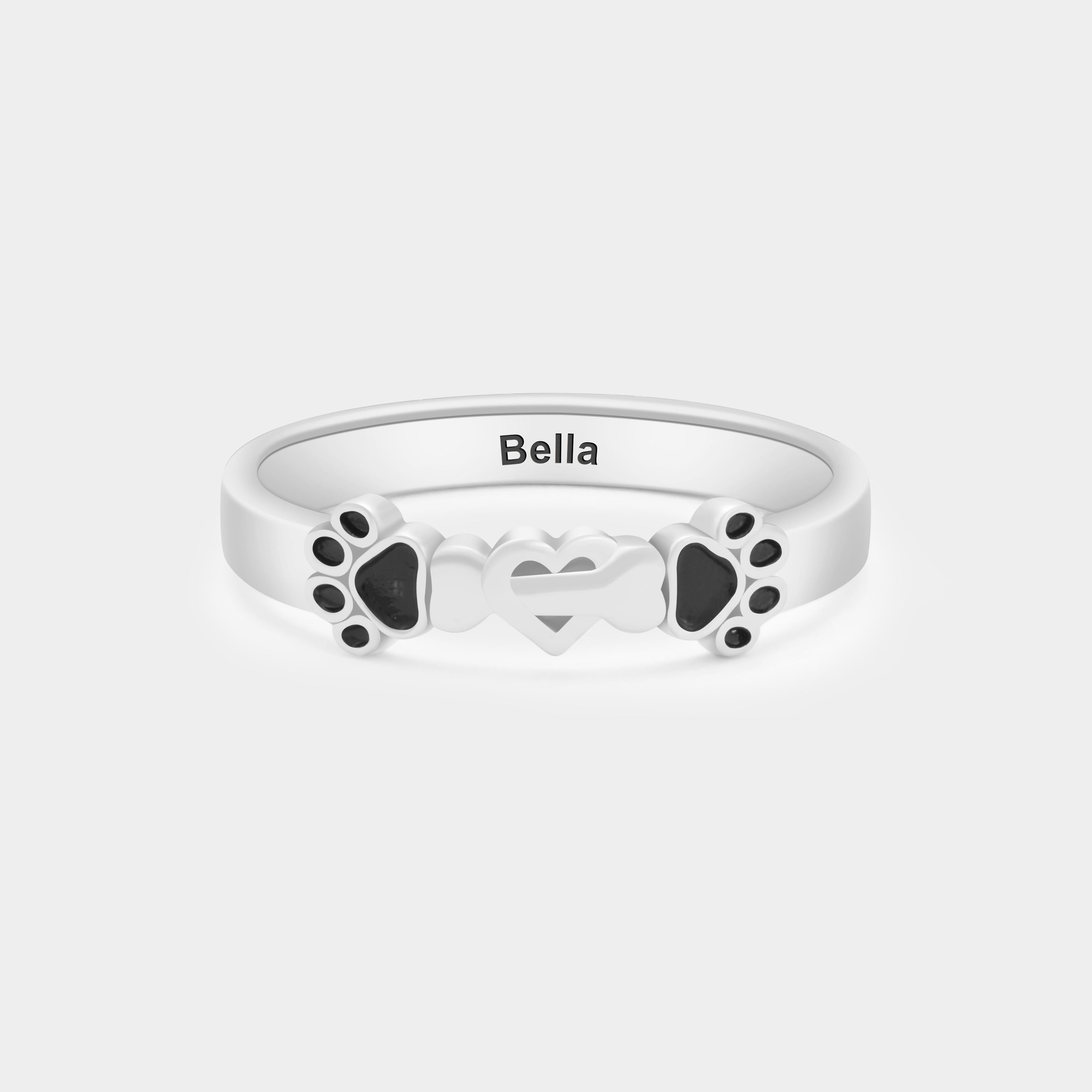 Personalized Bone and Heart with Dog Paw Ring Personalized Pet Lover's Jewelry in Sterling Silver