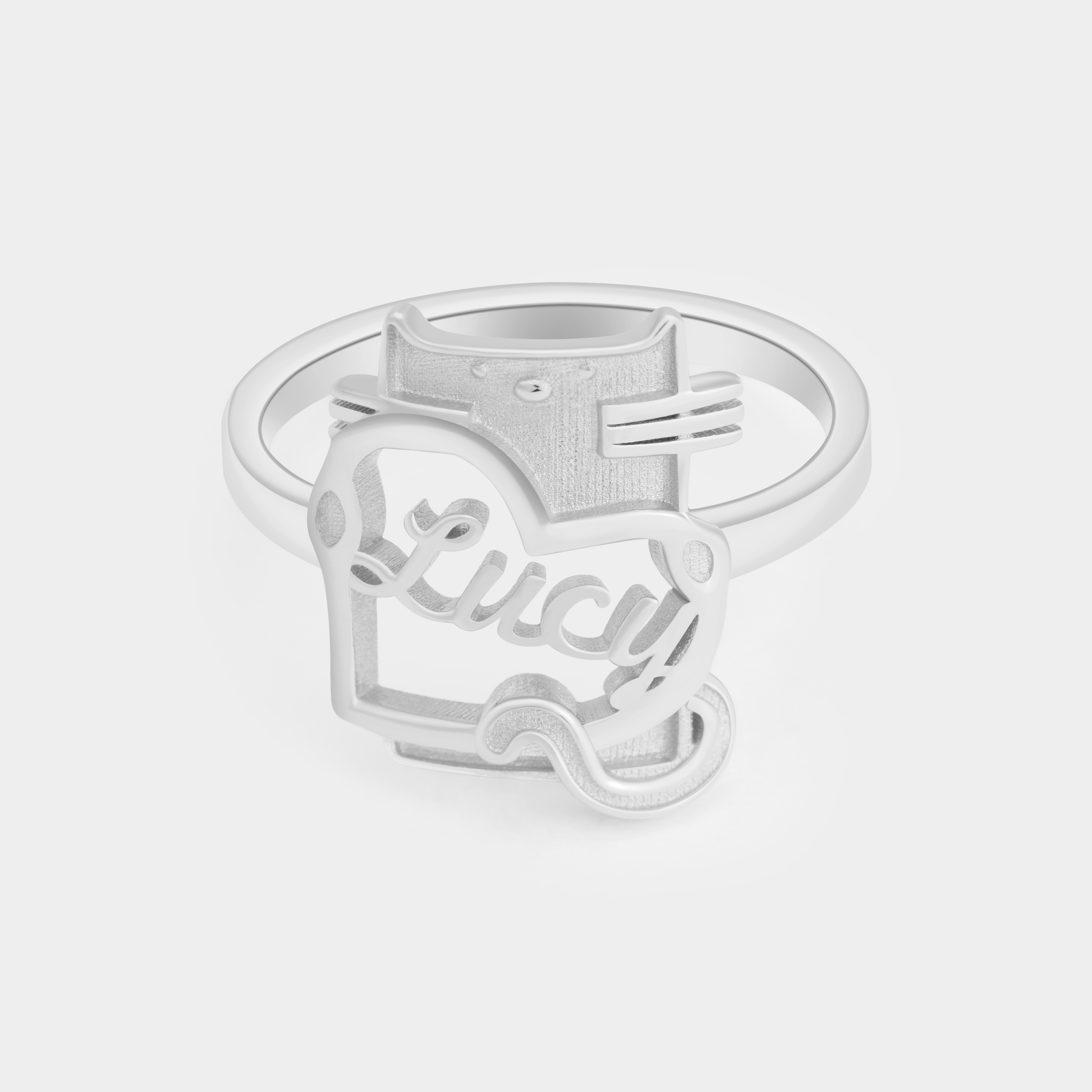 Personalized Cartoon Cat Holding Heart Sterling Silver Name Ring Custom Jewelry for Cat Lovers