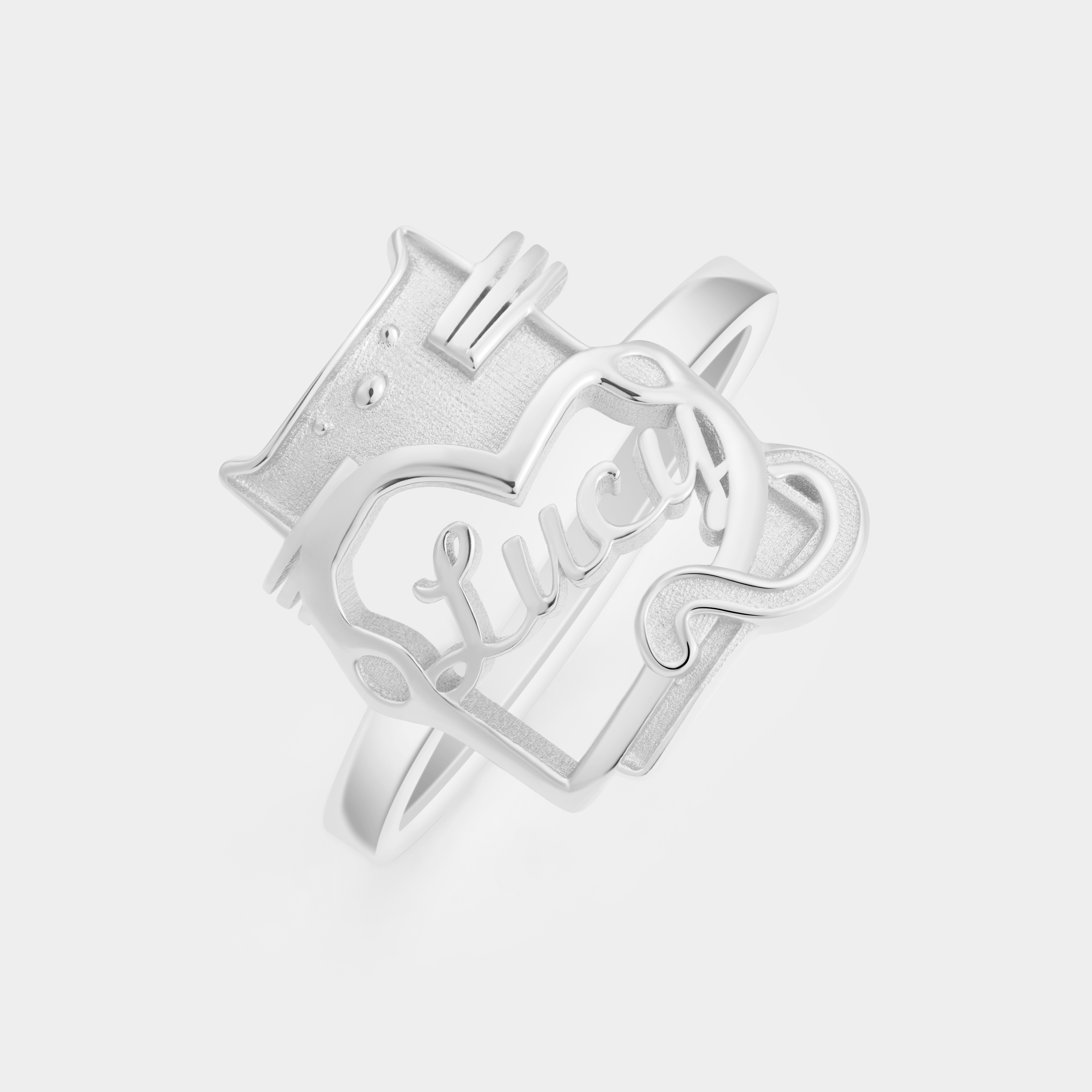 Personalized Cartoon Cat Holding Heart Sterling Silver Name Ring Custom Jewelry for Cat Lovers