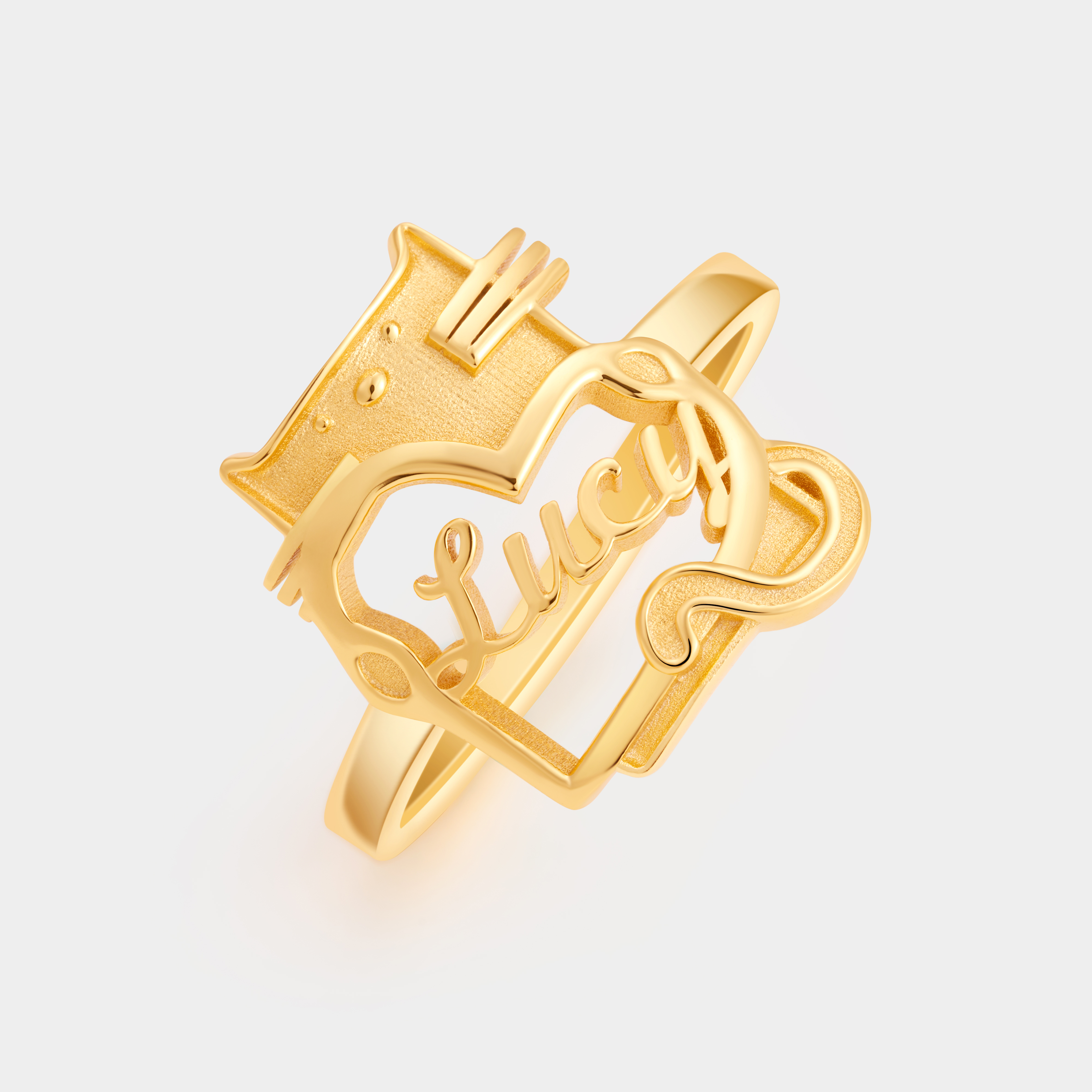 Personalized Cartoon Cat Holding Heart Sterling Silver Name Ring Custom Jewelry for Cat Lovers