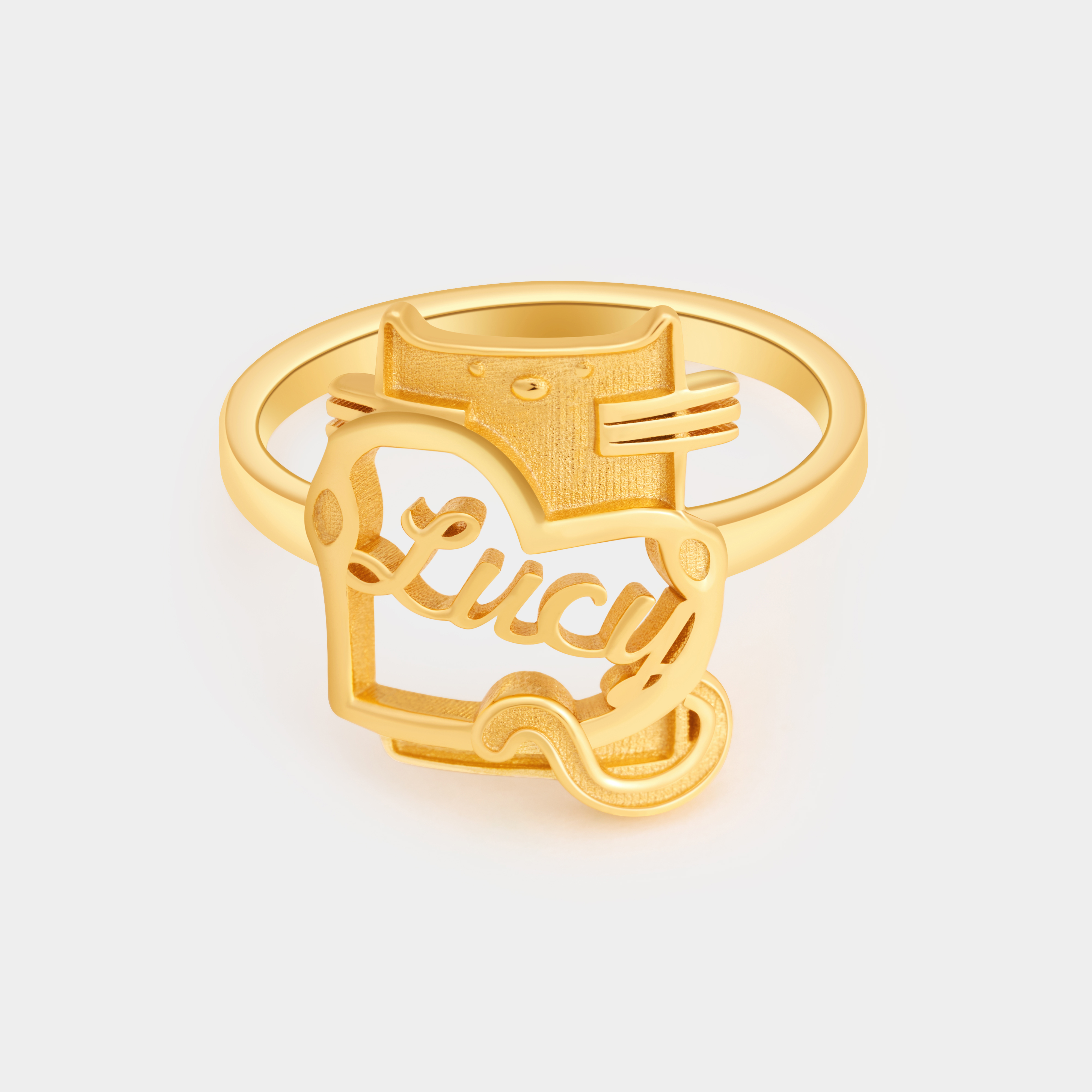 Personalized Cartoon Cat Holding Heart Sterling Silver Name Ring Custom Jewelry for Cat Lovers