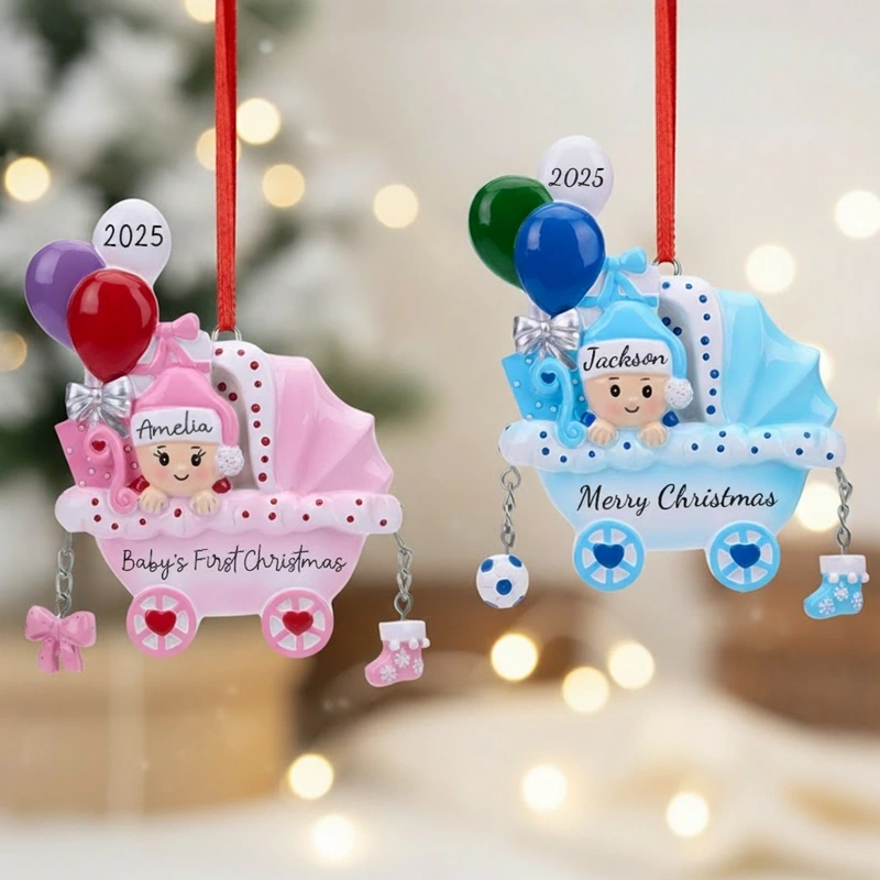 Personalized Baby’s First Christmas Ornament 2025 Pink and Blue Baby Carriage Decoration