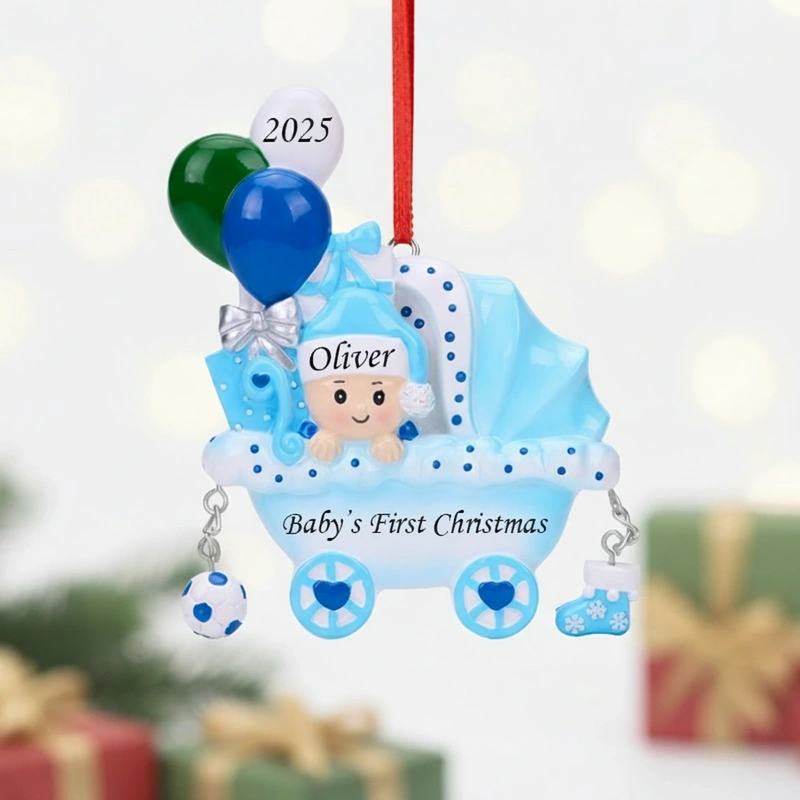 Personalized Baby’s First Christmas Ornament 2025 Pink and Blue Baby Carriage Decoration