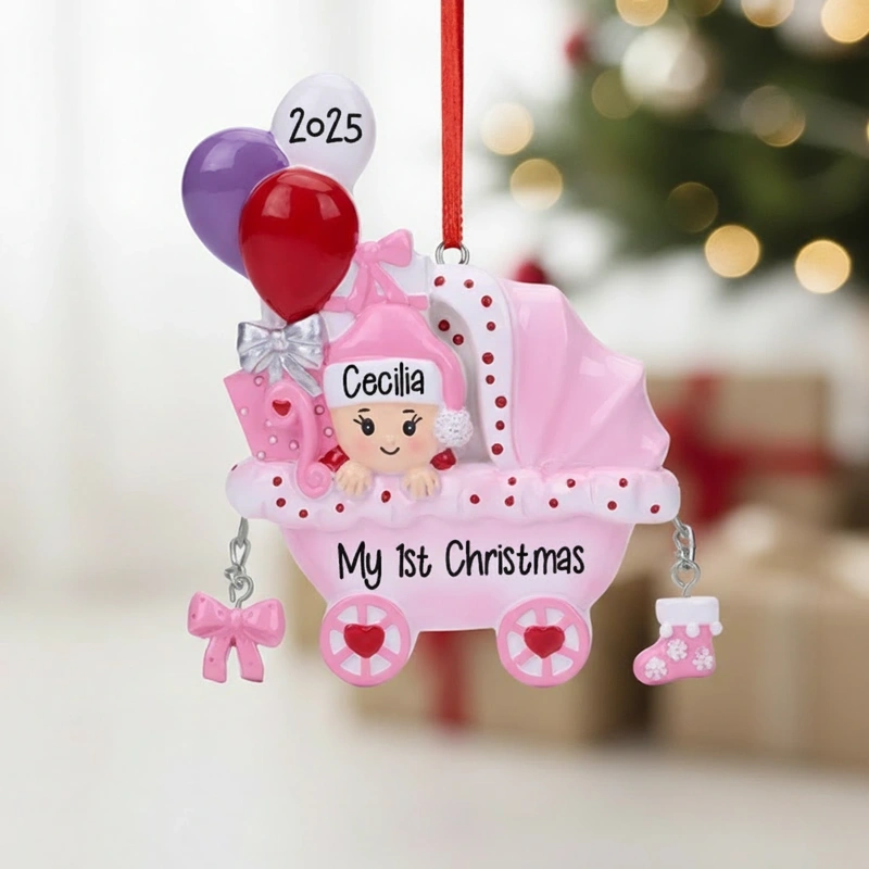 Personalized Baby’s First Christmas Ornament 2025 Pink and Blue Baby Carriage Decoration