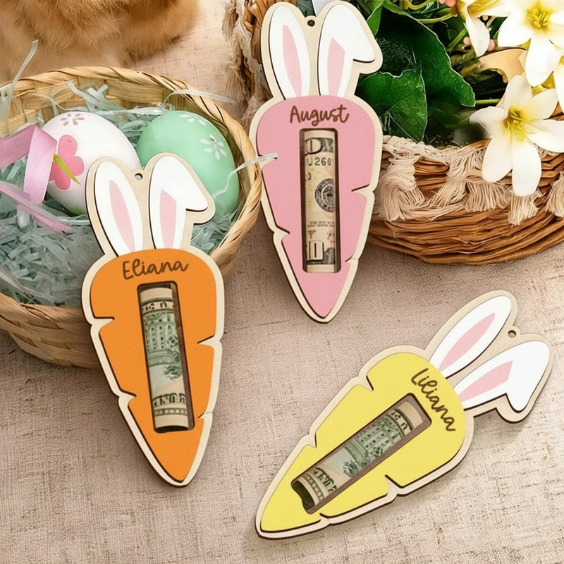 Personalized Easter Carrot Money Holder Bunny Ear Cash Gift Tag for Kids Easter Baskets