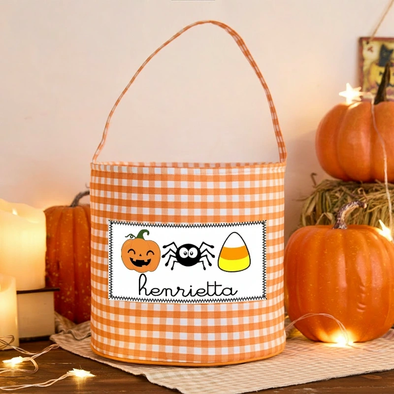 Personalized Halloween Treat Basket Pumpkin  Spider and Candy Corn Design Basket Halloween Gift