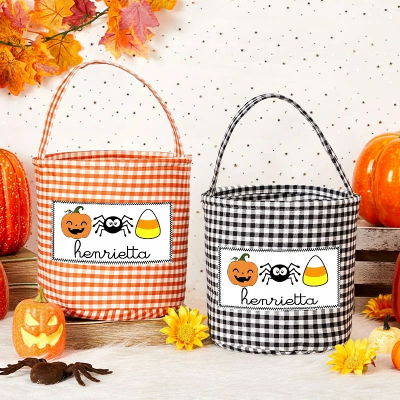 Personalized Halloween Treat Basket Pumpkin  Spider and Candy Corn Design Basket Halloween Gift