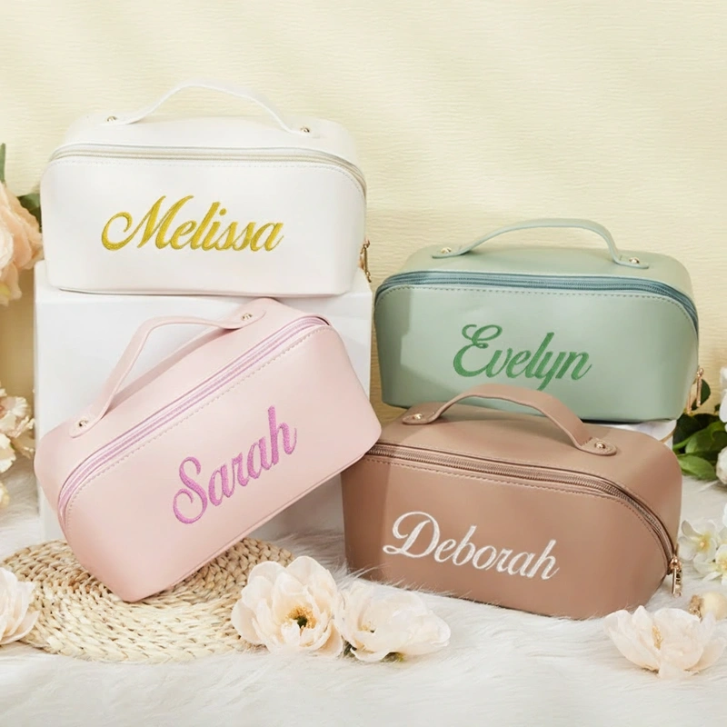 Personalized Embroidered Name Makeup Bag Leather Embroidered Cosmetic Bag Travel Gift For Her