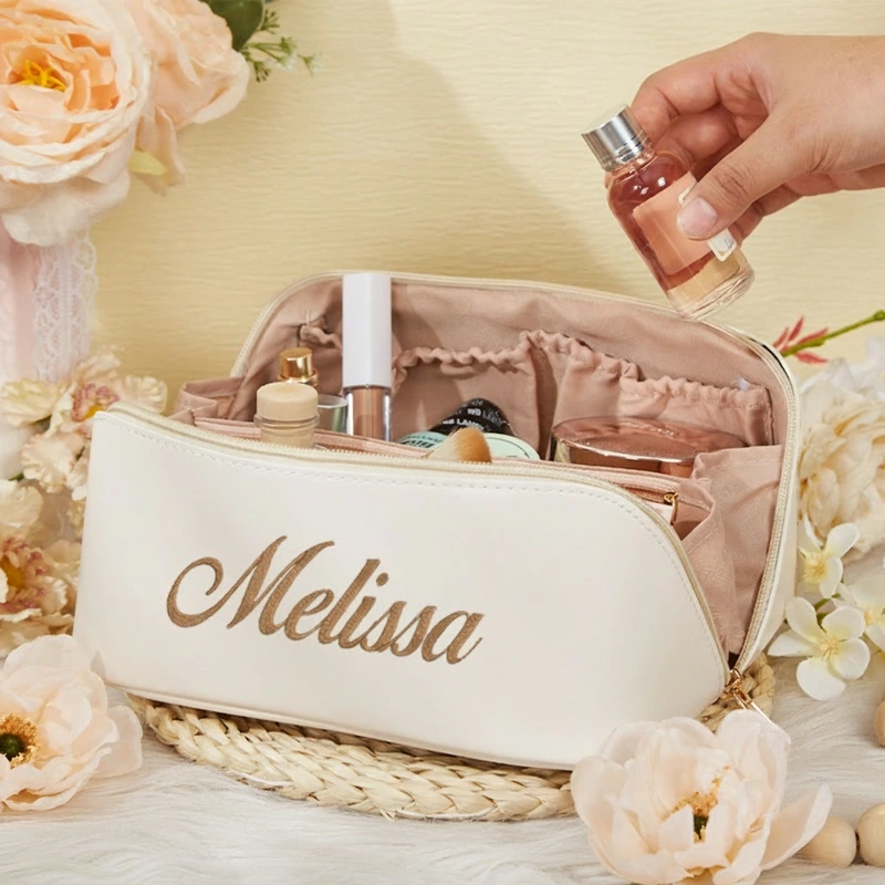 Personalized Embroidered Name Makeup Bag Leather Embroidered Cosmetic Bag Travel Gift For Her