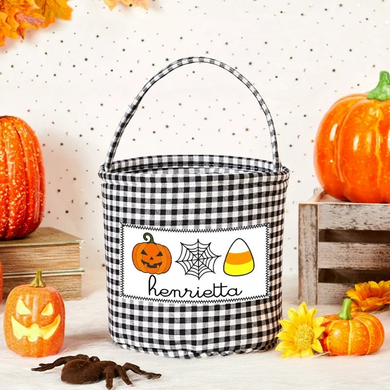 Personalized Halloween Treat Basket Pumpkin Spider Web and Candy Corn Design Basket