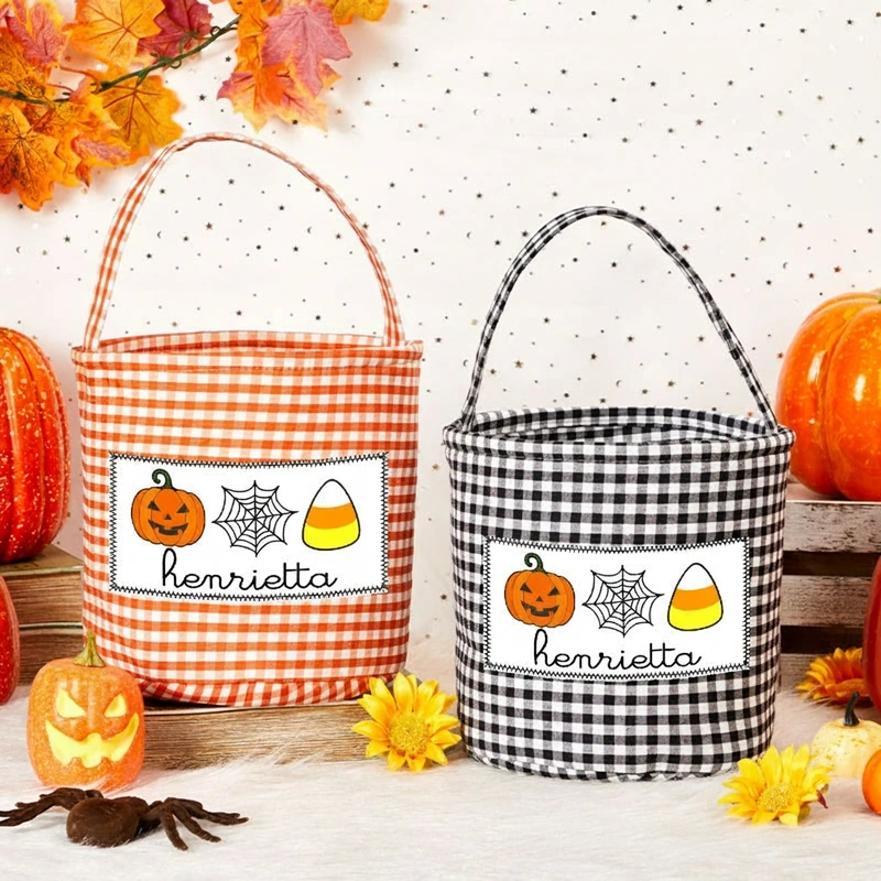 Personalized Halloween Treat Basket Pumpkin Spider Web and Candy Corn Design Basket