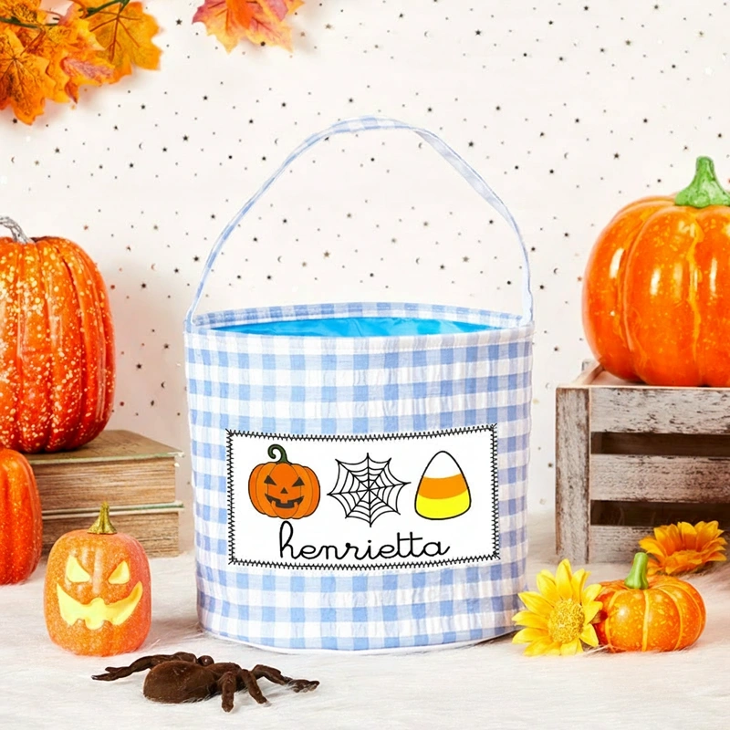Personalized Halloween Treat Basket Pumpkin Spider Web and Candy Corn Design Basket
